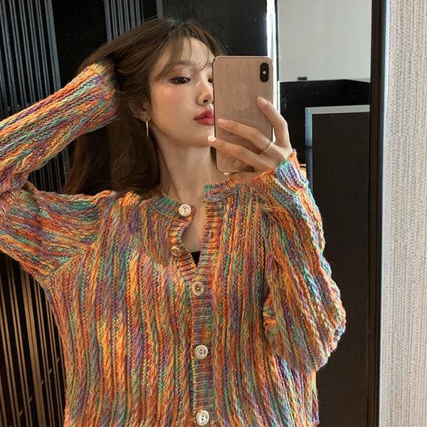 Bohemian Rainbow Colorful Cardigan Sweater Coat Short Top Women Loose Knit Sweater Outer Wear