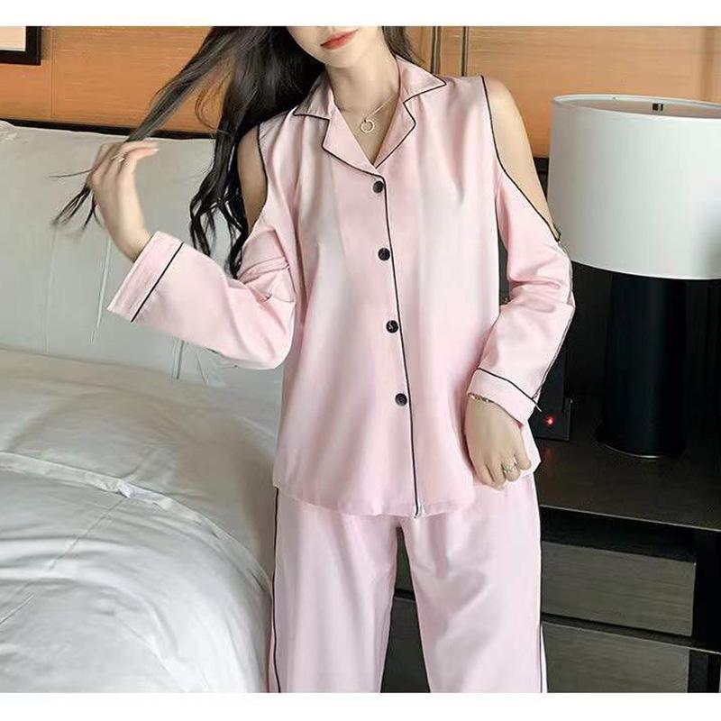 Women's  Ice Silk Sexy Off-the-shoulder Long-sleeved Pajamas Set Spring Thin Lapel Loose Home Wear Suits Solid Comfortable Sleeping Suit