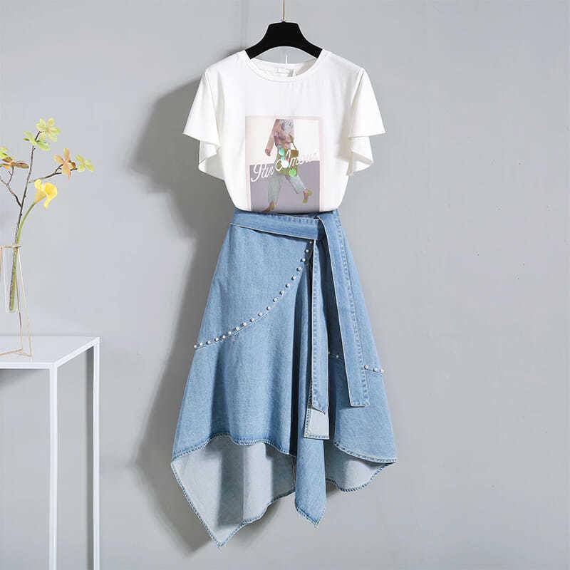 Fashion  Women Plus Size Skirt Set Summer Short Sleeve Printed T-shirt Asymmetric Denim Skirt 2 Piece Set Skirt and Tops