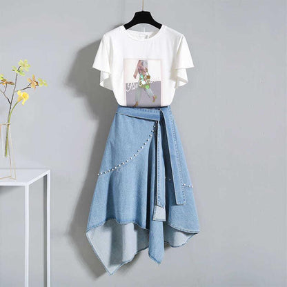 Fashion  Women Plus Size Skirt Set Summer Short Sleeve Printed T-shirt Asymmetric Denim Skirt 2 Piece Set Skirt and Tops