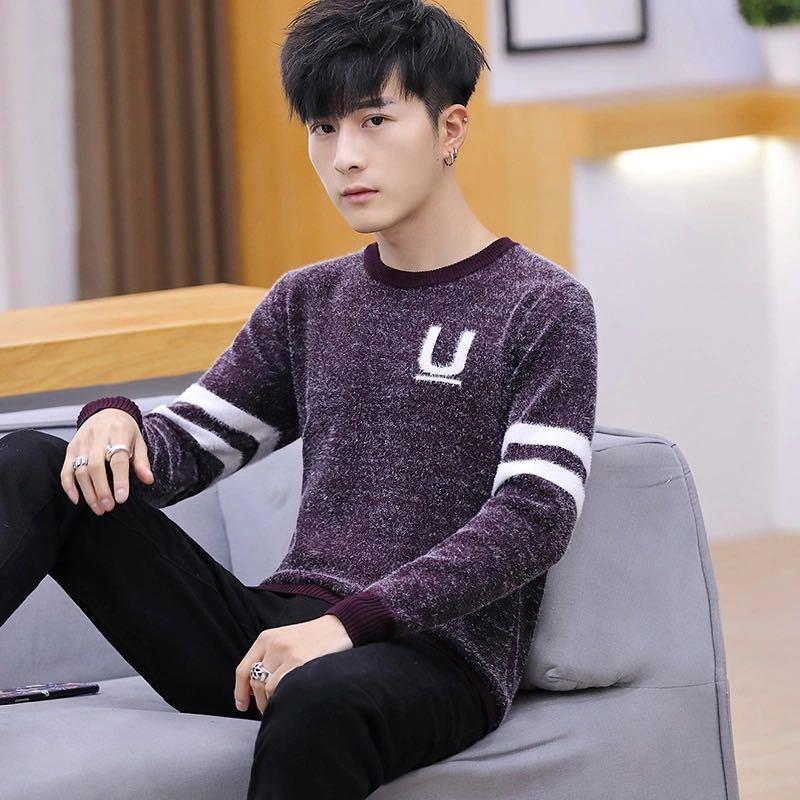 U-shaped Character Men's Pullover Low-neck Casual Autumn and Winter Jacket Long-sleeved Striped All-match Top