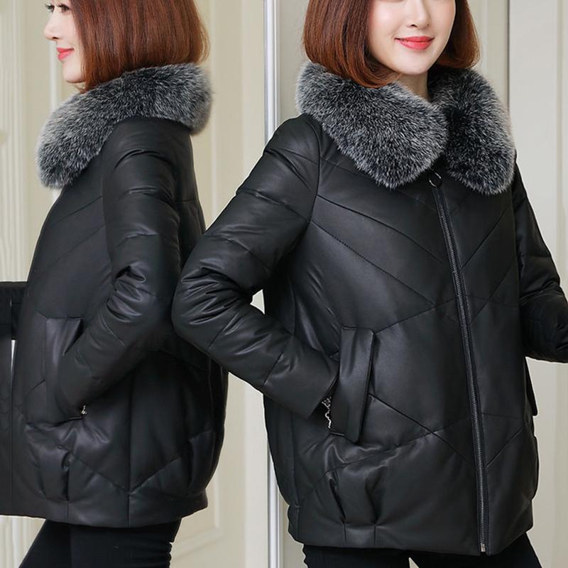 Women's Winter Korean Loose Quilted Coat Warm Padded Stand-collar Down Jacket Women's Solid Color Regular Down Jacket with Fur Collar