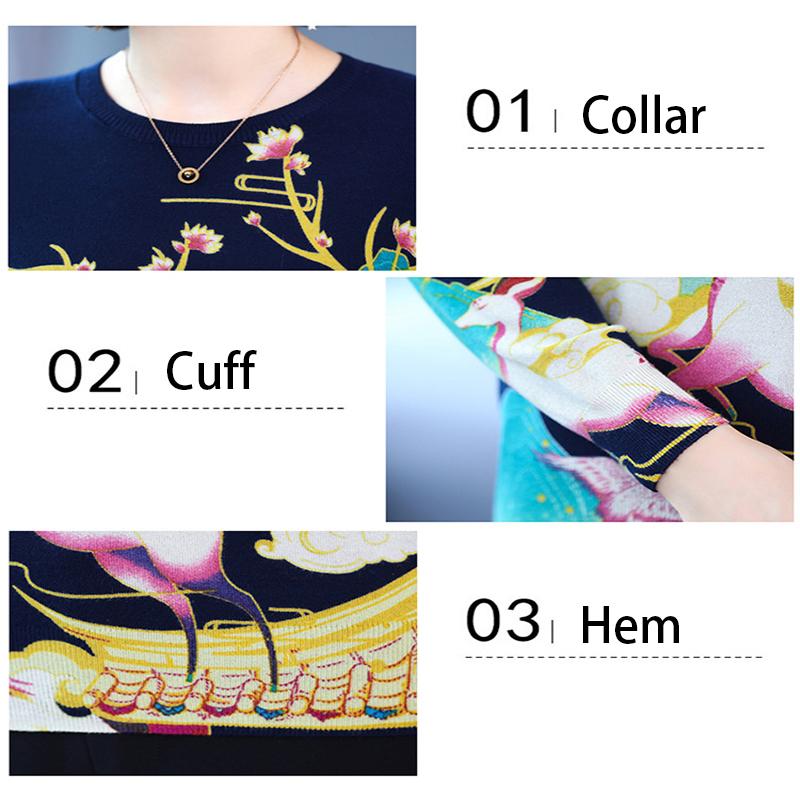 Women Autumn Fashion Sweater Casual Knitting Sweater Print Round Neck Pullovers Loose  Long Sleeve Sweater
