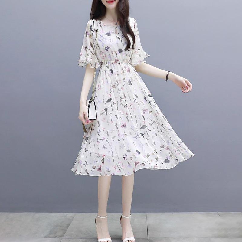 Chiffon Dress Summer Temperament Was Thin, Printed Fairy A-line Mid-length Waist Floral Skirt Round Neck Short-sleeved Ladies Chiffon Dress