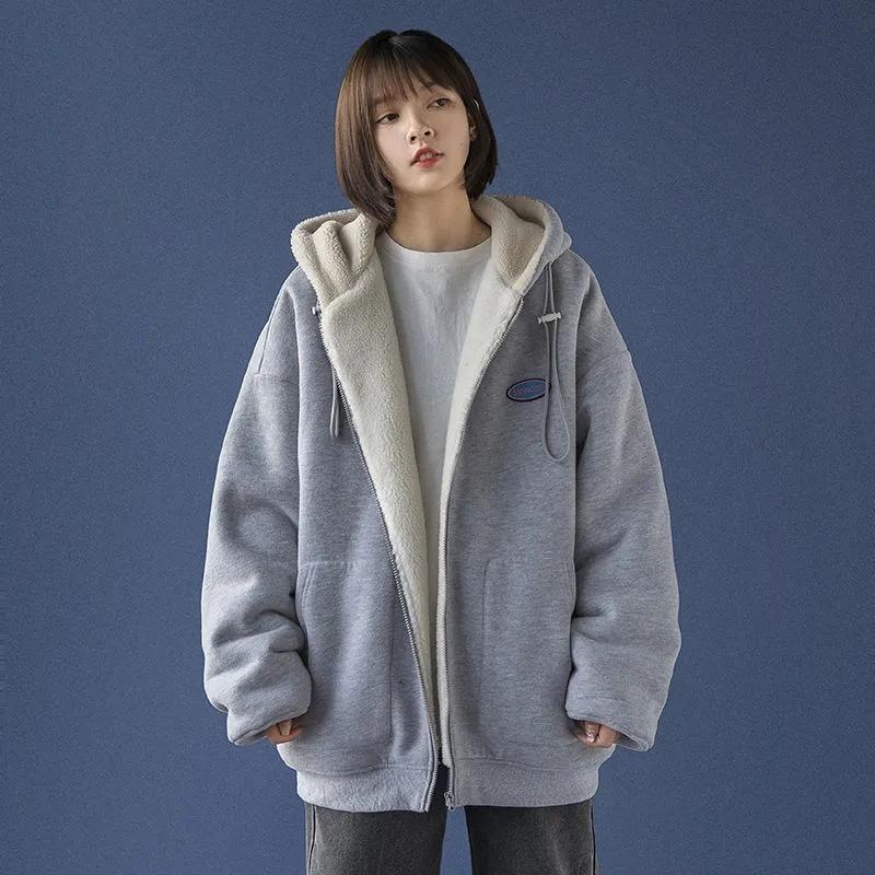 Retro Plus Size Lamb Wool Coat Plus Velvet Winter Oversize All-match Coat Ladies Zipper Cardigan Loose Hooded Sweater