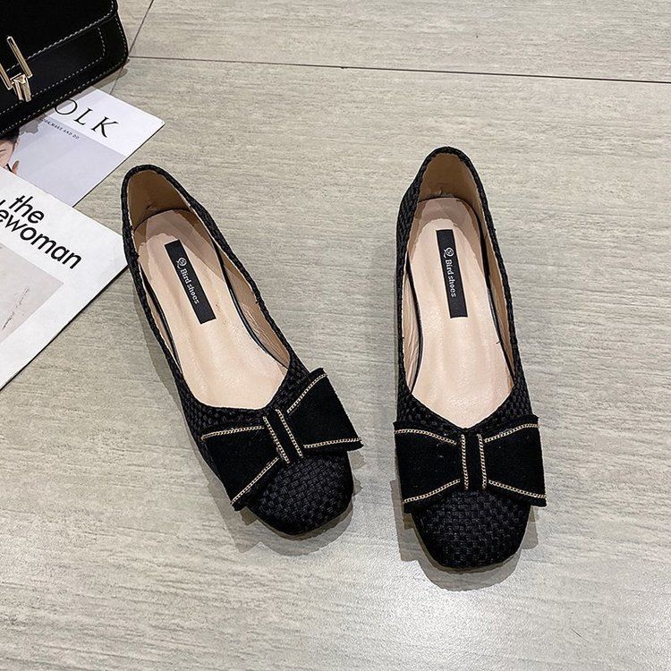 Bowknot Soft Sole Thick Heel Shoes Women Spring Korean Style Square Toe Woven Low-heeled Women's Shoes