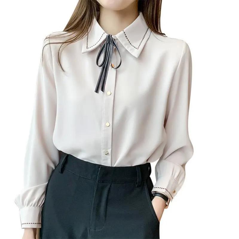 Chiffon Shirt Solid Color Bow Tie Lapel Shirt Ladies Versatile Long Sleeve Bottoming Shirt Commuter