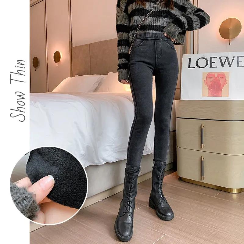 Snowflake Imitation Denim Plus Velvet Leggings for Women's Outer Wear for Autumn and Winter High Waist and Thin All-match Pencil Pants with Small Feet