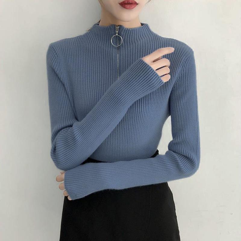 Fall/winter Core-spun Yarn Knitted Sweater Solid Color Zipper Slim Top Women