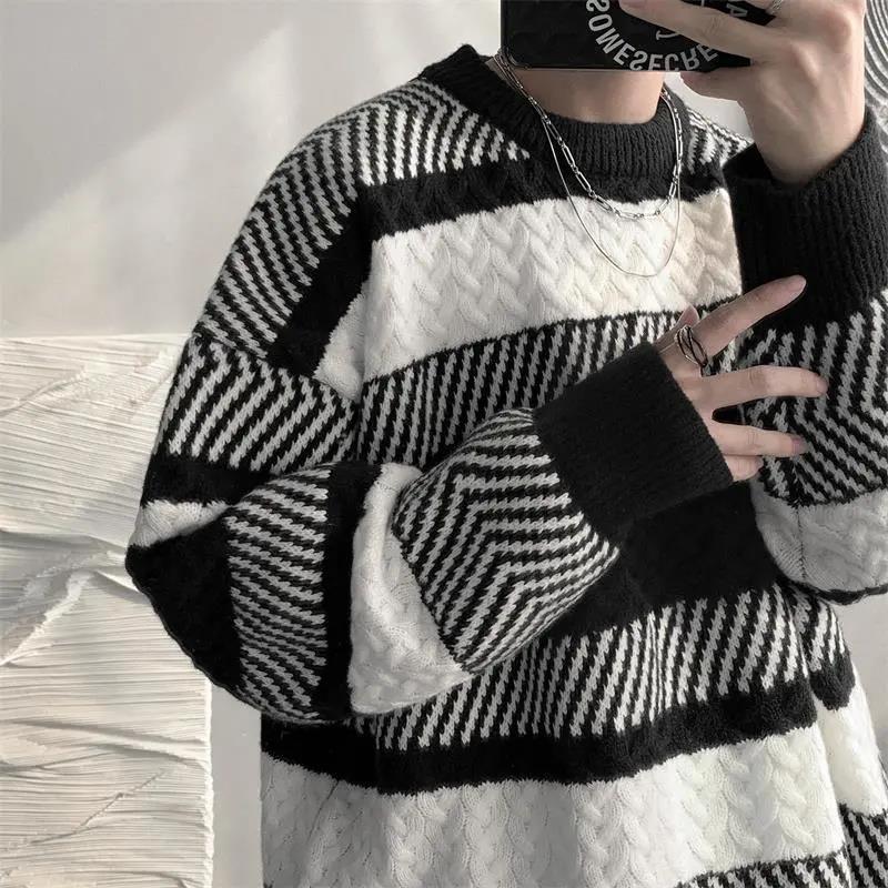 Striped Round Neck Sweater Men's Autumn and Winter Thick Sweater Loose Warm and Comfortable