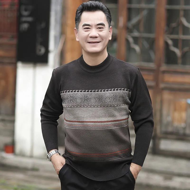 Men's Middle-aged and Elderly Sweater Dad Bottoming Shirt Crew Neck Pullover Autumn and Winter Knitted Sweater Loose Warm Grandpa Shirt