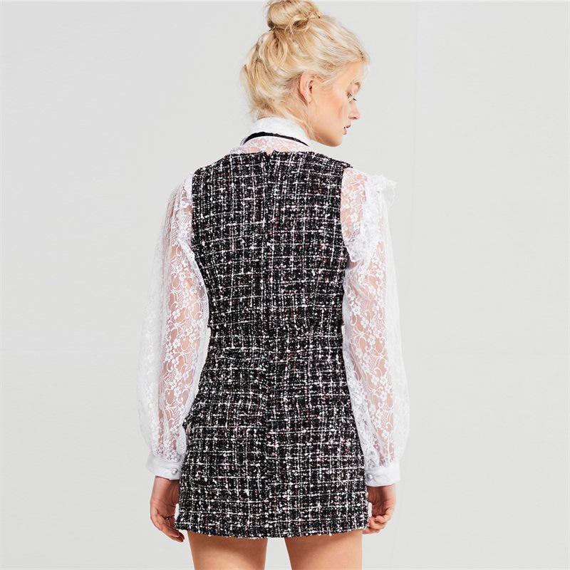 WTEMPO British Style Plaid Tweed Women Mini Dress Winter Sleevesless Double Button Elegant Ladies