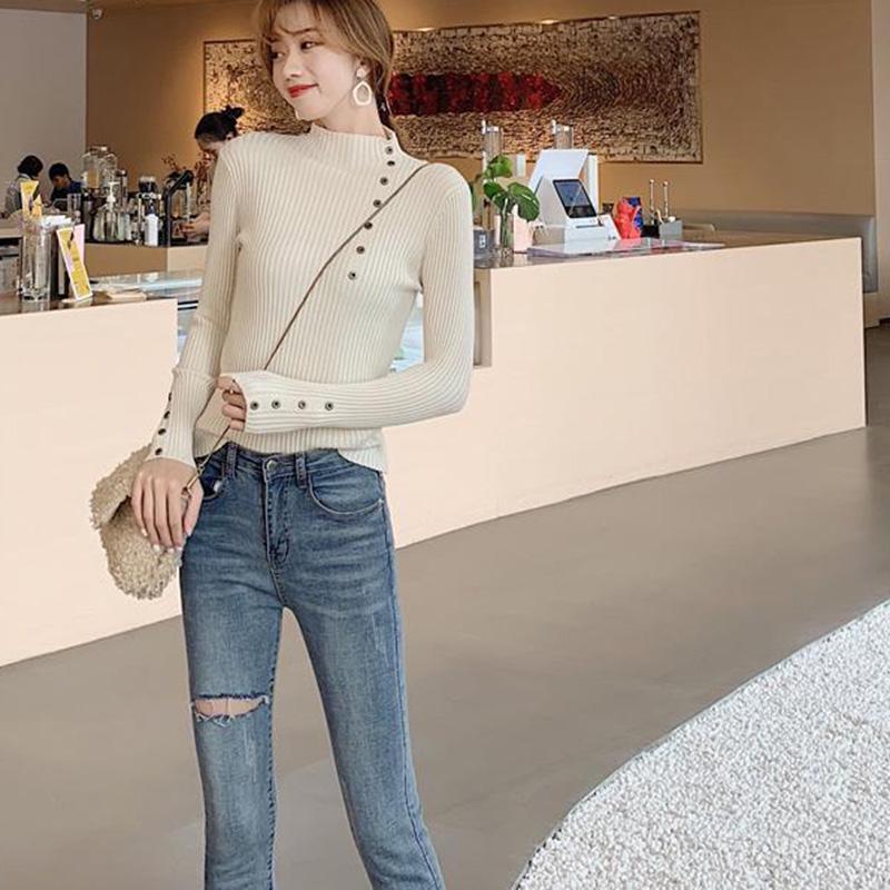 Long-sleeved Casual Bottoming Sweater Women's Spring and Autumn Thin Slim Half Turtleneck Buttoned Sweater Short Style Top