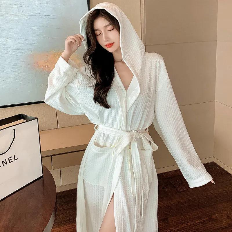 Pajama Party Bathrobe Female Long-sleeved Nightgown Female Spring and Autumn Pure Cotton Ladies Hotel Pajamas Bathrobe Robe Home Service