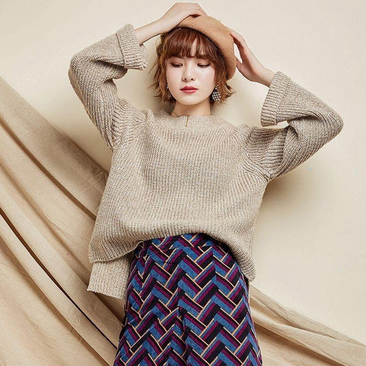 Autumn and Winter Loose and Simple Curled Long-sleeved Round Neck Solid Color Was Thin and All-match Pullover Student Sweater Women