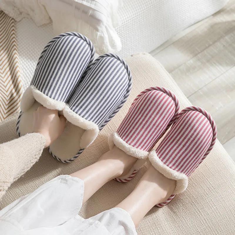 Autumn and Winter Pure Cotton Slippers Striped Design Indoor Non-slip Soft-soled Shoes Warm Simple Plush Cotton Shoes