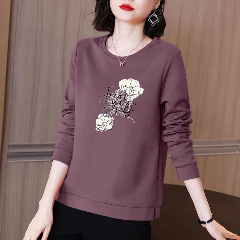 Women Cotton Pullover Double Lily Print Shirt Long Sleeve T-shirt Casual Slit Bottoming Shirt Spring
