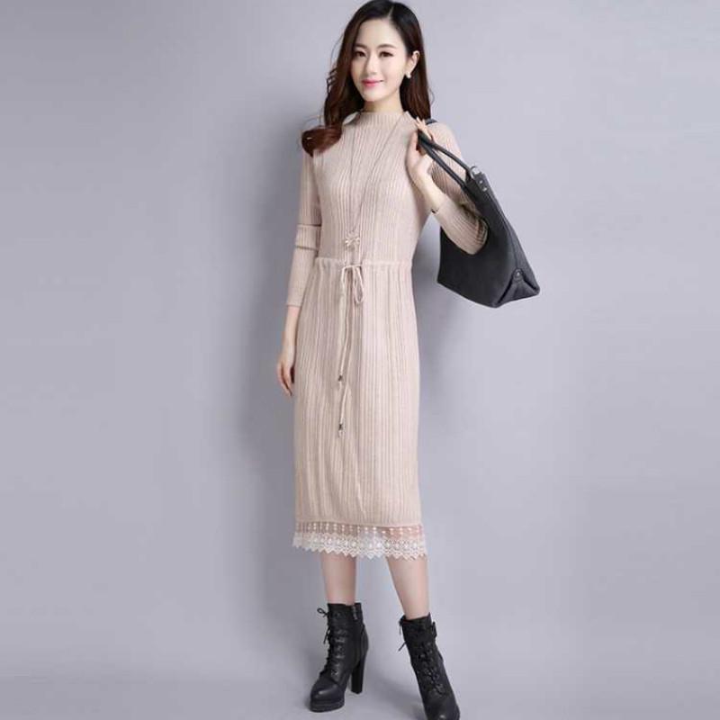 Women Solid Color Sweater Dress Long Section Turtleneck Lace Knitted Skirt Pullover