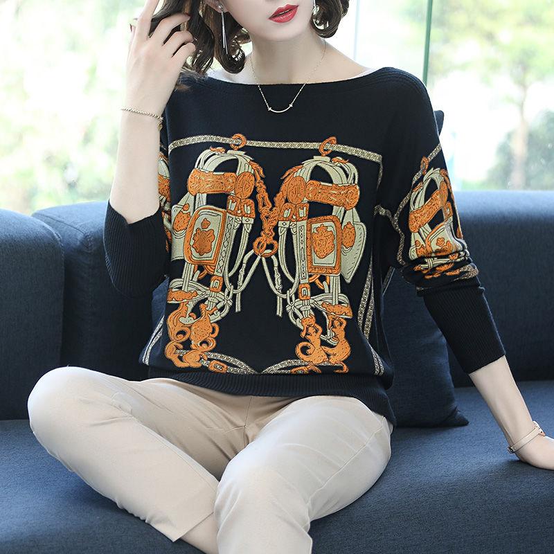 Women's Boat Neck Cashmere Sweater Short Loose Pullover Plus Size Printed Cardigan Ethnic Style Wool Knit Jumper