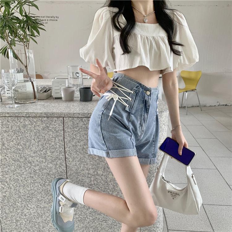 Denim Shorts Women's Spring/Summer High Waist Fashion Lace Up Wide Leg Pants A-Line Shorts
