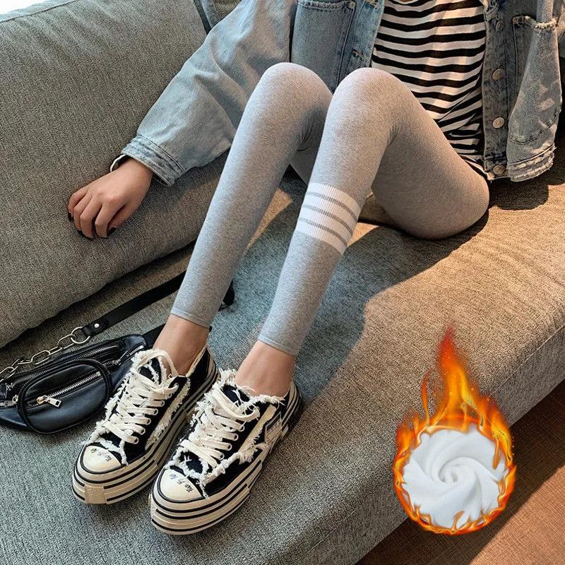 Pants Leg Printing Winter Plus Velvet Thick Vertical Stripes Leggings Women's Outer Wear Trousers Plus Size Tight-fitting Stretch High-waist Pants