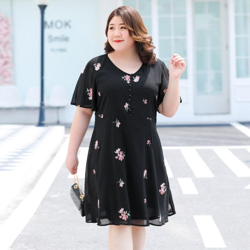Large Size XL-XXXXXL Women's Summer Dress Chiffon Veil Short Sleeve V-Neck Floral Lightweight and Breathable