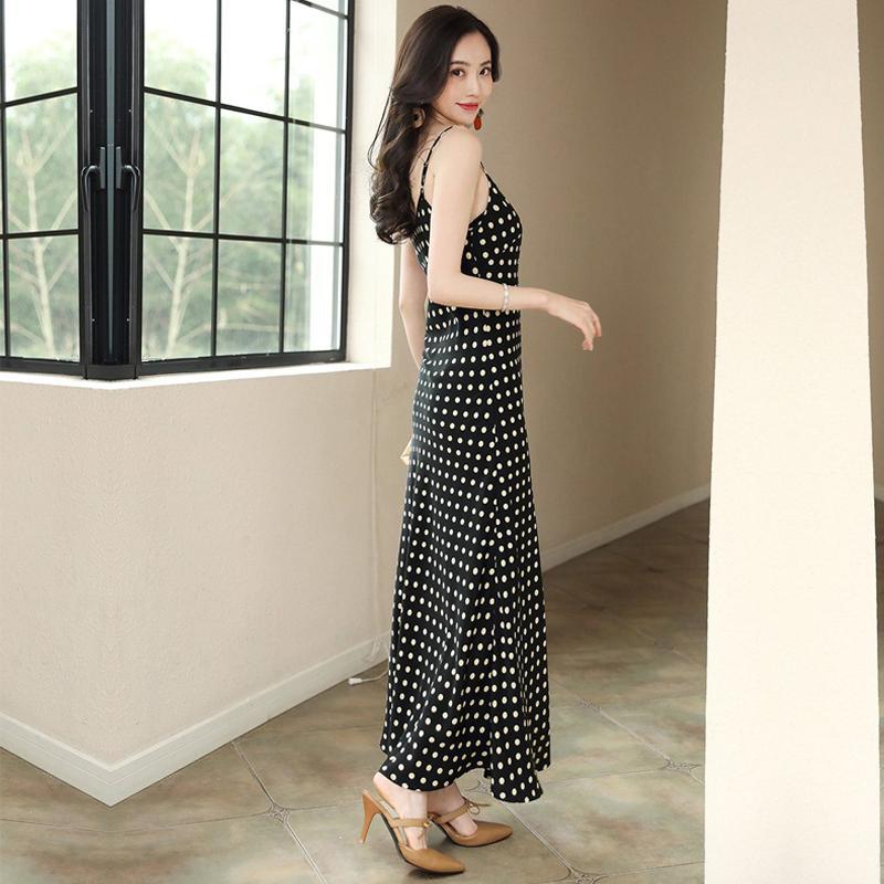 Polka Dot Sling Dress Female Long Section Over The Knee Simple Sexy A-line Skirt One-shoulder Long Skirt Polka Dot Pattern Ladies Slim Dress