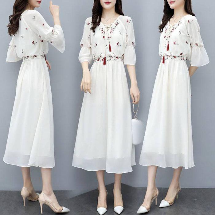 Pofulove XS-3XL Women Floral Chiffon Dress Office Lady Slim Short-sleeved V-neck A-line Beach Dress