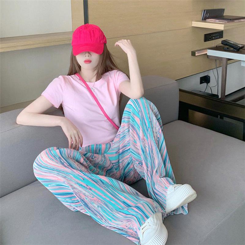 Summer Suit Women's Round Neck Short-sleeved T-shirt Loose Straight Wide-leg Pants Two-piece Casual Sports Suit Home Service