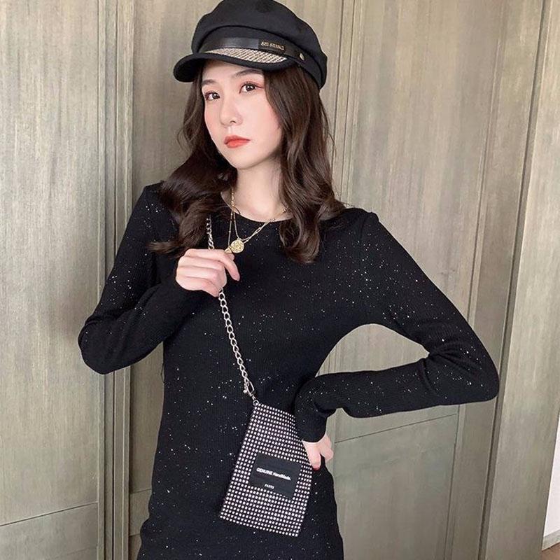 Shiny Long Sleeved Black Dress Sexy Slim Women Knee Length Dress Solid Elegant Party Dress Night