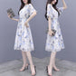 Chiffon Dress Summer Temperament Was Thin, Printed Fairy A-line Mid-length Waist Floral Skirt Round Neck Short-sleeved Ladies Chiffon Dress
