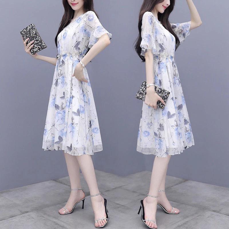 Chiffon Dress Summer Temperament Was Thin, Printed Fairy A-line Mid-length Waist Floral Skirt Round Neck Short-sleeved Ladies Chiffon Dress