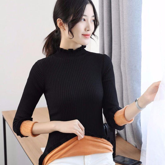 Plus Velvet Thick Warm Sweater Women Fashion Self-cultivation Half-high Neck Pullover Short Base Sweater Elegant Temperament Female Top