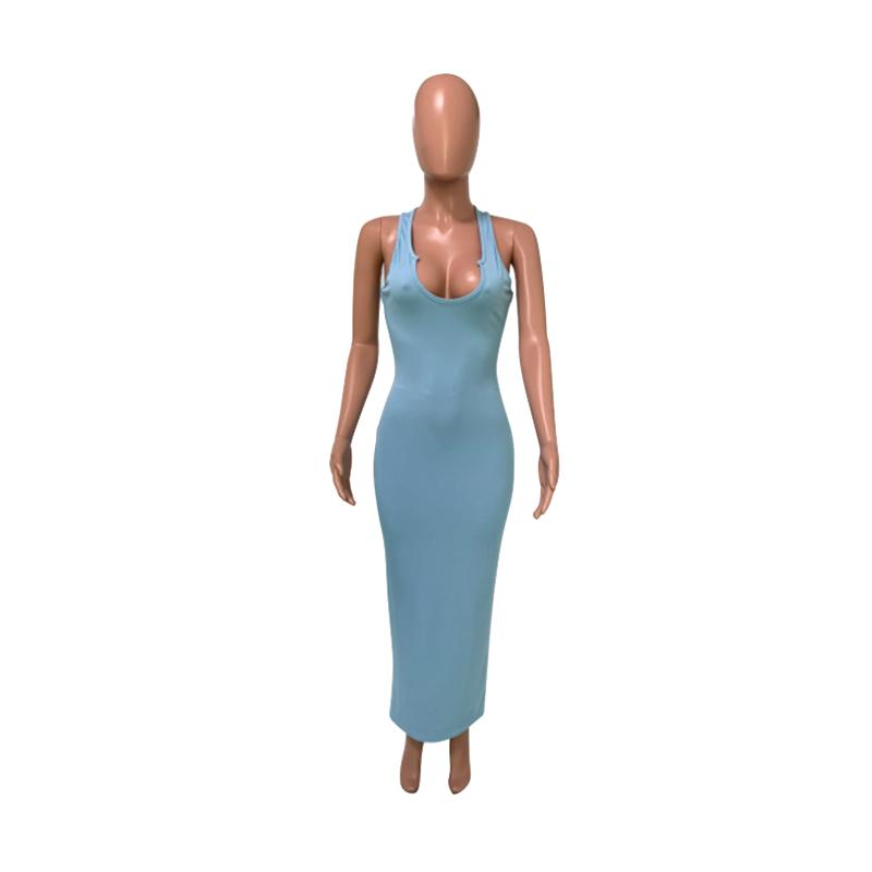 Spring and Summer Sling Dress Slim Sexy Long Dress Low-cut Solid Color Standard Size High Elasticity