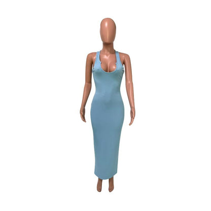 Spring and Summer Sling Dress Slim Sexy Long Dress Low-cut Solid Color Standard Size High Elasticity