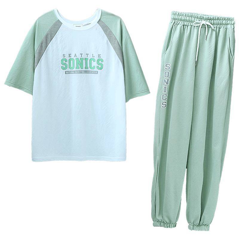 Cute Casual Sportswear Suit Female Summer Two-piece Suit Loose Cool Round Neck Short-sleeved T-shirt + Loose Sports Pants Fabric Light and Breathable
