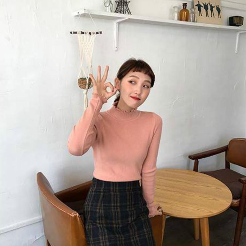 Half Turtleneck Slim Bottoming Shirt Women Autumn Winter Long-sleeved Solid Color Sweater