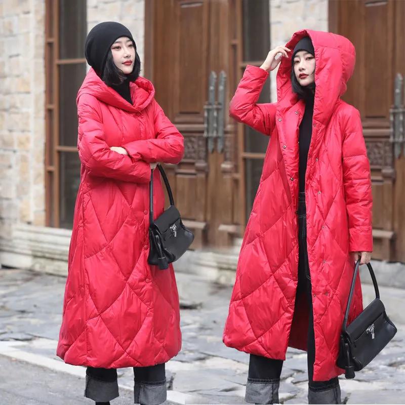 Long Down Jacket Winter Women's Art and Leisure Loose Hooded Jacket Large Size Thickened Warmth and Long Over-the-knee Jacket