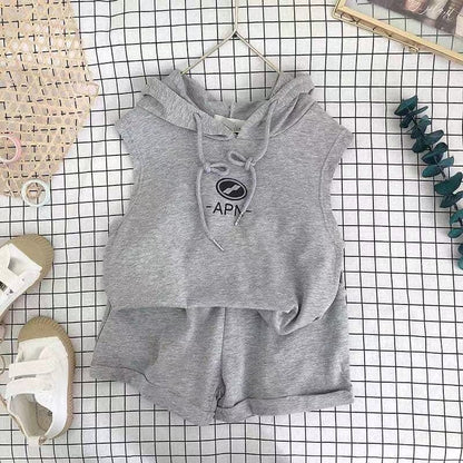 Two-piece Children's Boys Summer Suit Sleeveless Hooded Shorts Girl Suit for 2-8 Years