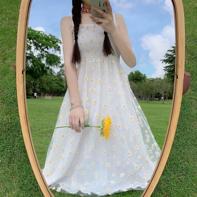 Mesh High Waist Small Daisy Suspender Skirt Small Fresh Dress Literary Retro Sweet First Love Dress Sleeveless Fairy Dress