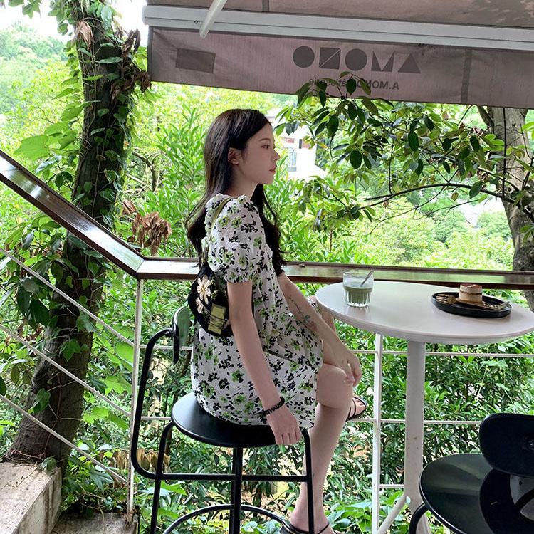 Female Vintage High Waist Super Fairy Holiday Dress Elegant Slim Chiffon Floral Print Short Dress