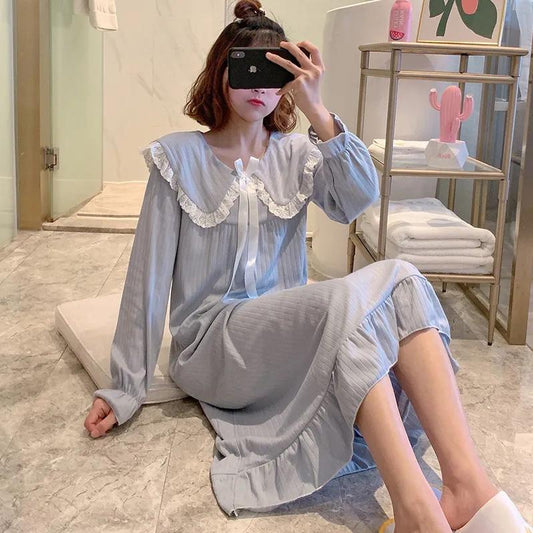 Women's Cute Japanese Sweet Bow Nightdress Doll Collar Princess Nightdress Long-sleeves Vertical Striped Pajamas Dress Loose Comfortable Homewear