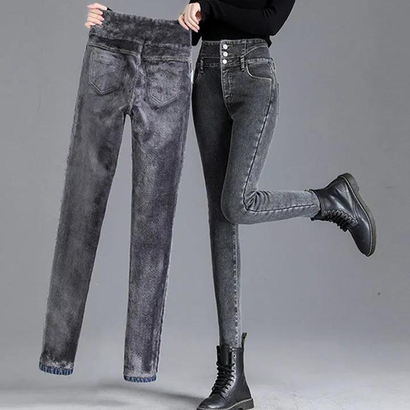 Fleece High-waist Jeans Women's Feet Winter Slim Slimming Skinny All-match Pencil Thickened Pants Warm and Windproof Single-breasted