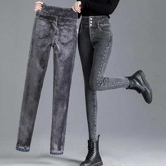 Fleece High-waist Jeans Women's Feet Winter Slim Slimming Skinny All-match Pencil Thickened Pants Warm and Windproof Single-breasted