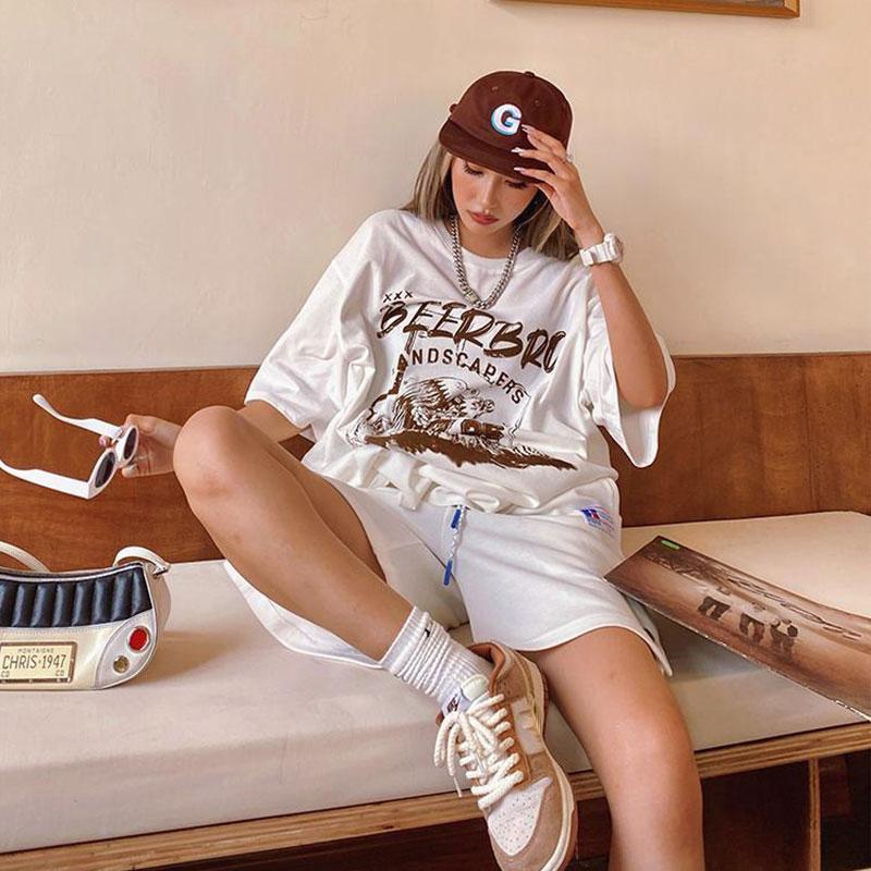 100% Cotton White T-shirt Women Retro Print Short-sleeved T-shirt Loose Street Casual Couple Tops