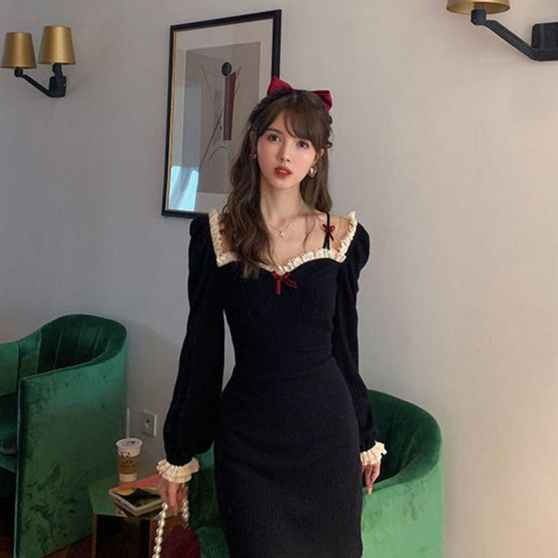 Girl Retro Elegant Temperament Waist Was Thinner Shoulder Lace Knitted Dress Autumn  Winter