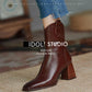 Soft Leather Boots Women Autumn  Winter Vintage Square Toe Short High-heeled Cowboy Boots Chunky Heel Ankle Boots