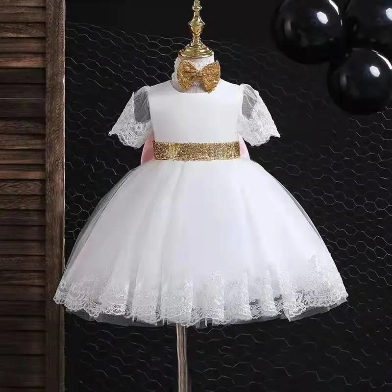 Temperament Girls Dress Skirt Lace Bow Dress Princess Skirt Round Neck Short Sleeve Lace Tutu Skirt Waist A-line Skirt Sweet Fairy Tale Skirt