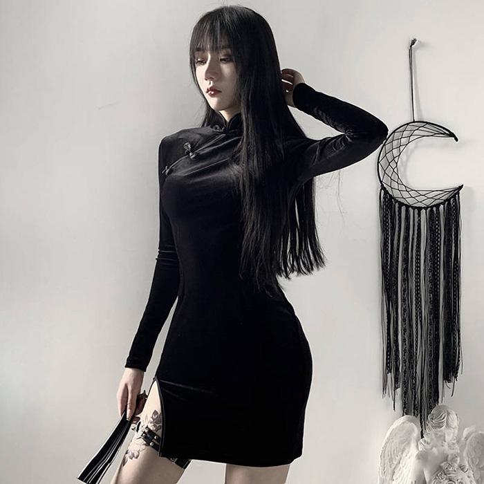 Women Chinese Style Suede Split Dress Slim Short Sleeve Short Dress Over The Knee Hip Dress