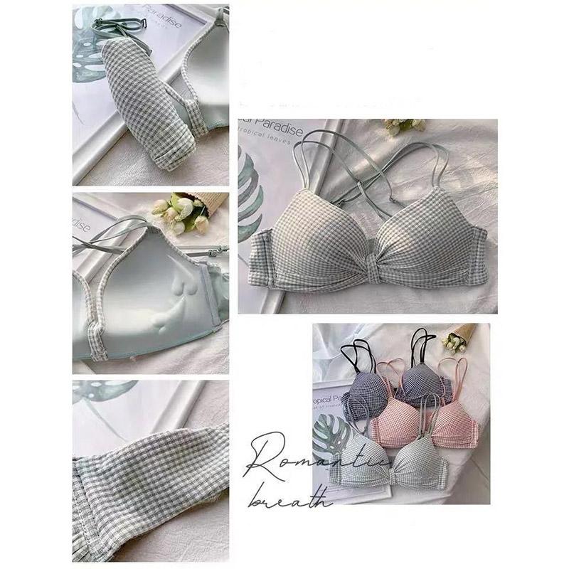 Japanese Girl Style Sweet Small Fresh Small Chest Gathered Without Steel Ring Lovely Lattice Bra Beautiful Back Bra